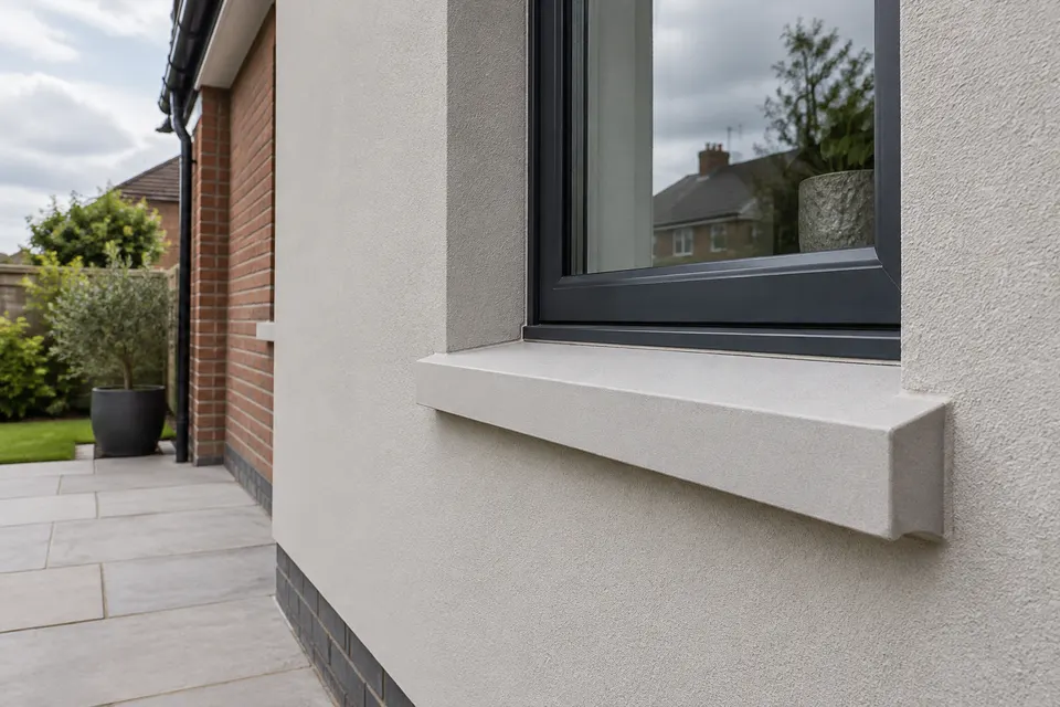 Illustrative close view of textured render at a window and projecting sill